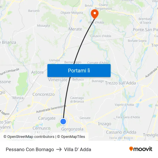 Pessano Con Bornago to Villa D' Adda map