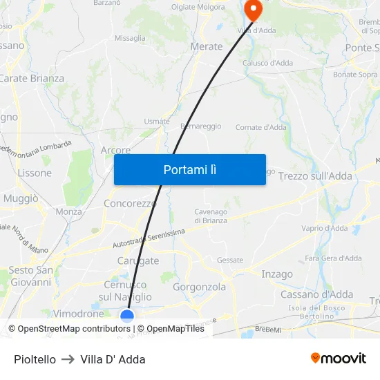 Pioltello to Villa D' Adda map