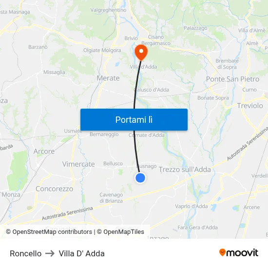 Roncello to Villa D' Adda map