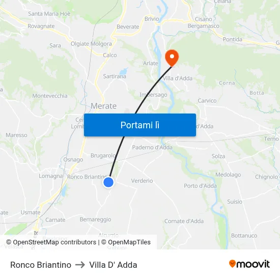 Ronco Briantino to Villa D' Adda map