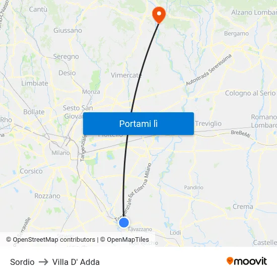 Sordio to Villa D' Adda map