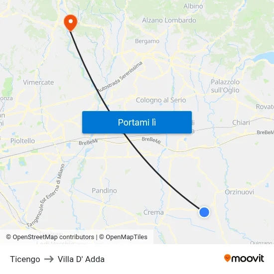 Ticengo to Villa D' Adda map