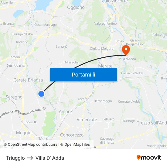 Triuggio to Villa D' Adda map
