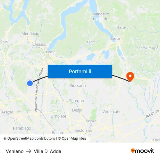 Veniano to Villa D' Adda map