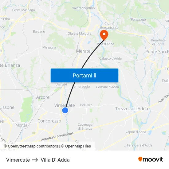 Vimercate to Villa D' Adda map