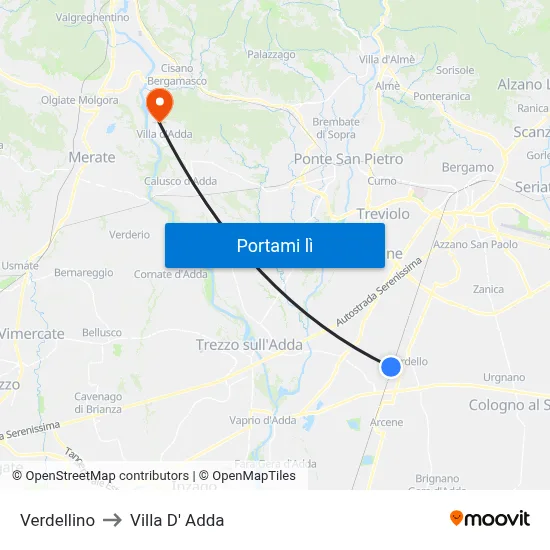 Verdellino to Villa D' Adda map