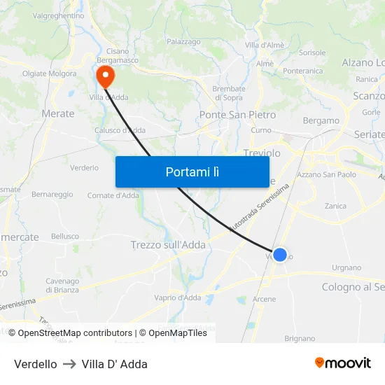 Verdello to Villa D' Adda map