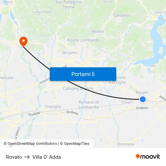 Rovato to Villa D' Adda map