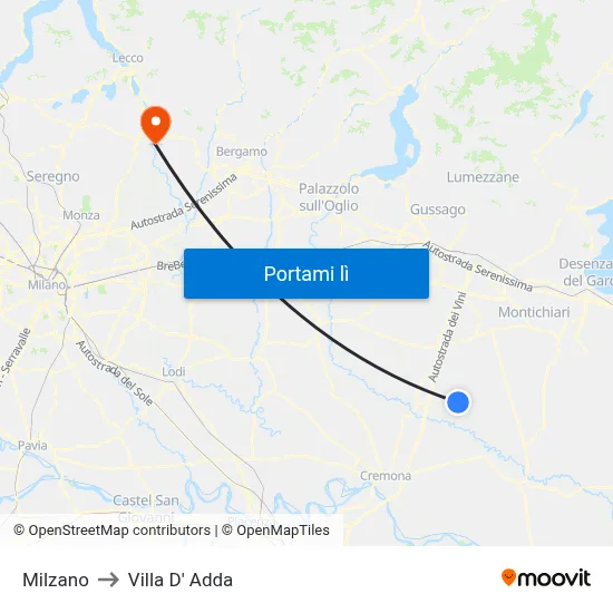 Milzano to Villa D' Adda map