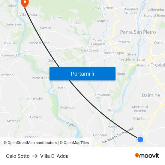 Osio Sotto to Villa D' Adda map