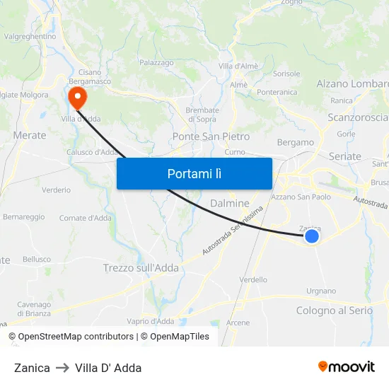 Zanica to Villa D' Adda map