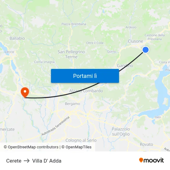 Cerete to Villa D' Adda map