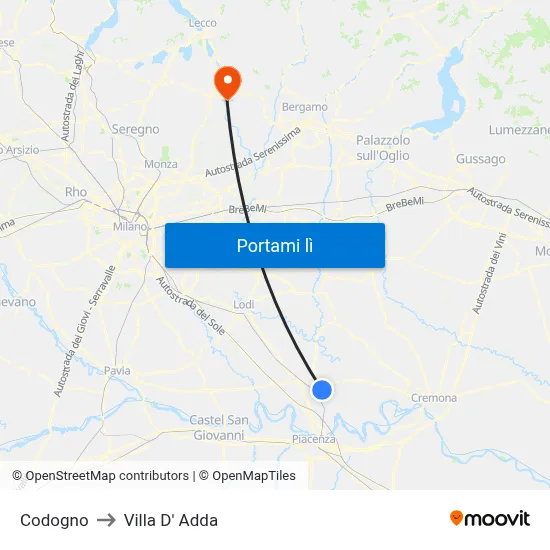 Codogno to Villa D' Adda map