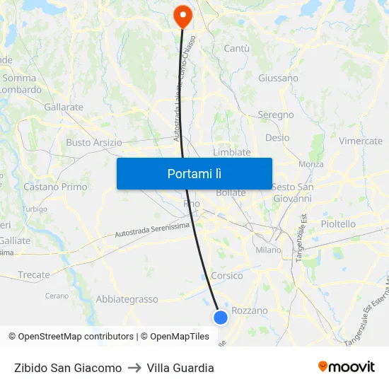 Zibido San Giacomo to Villa Guardia map