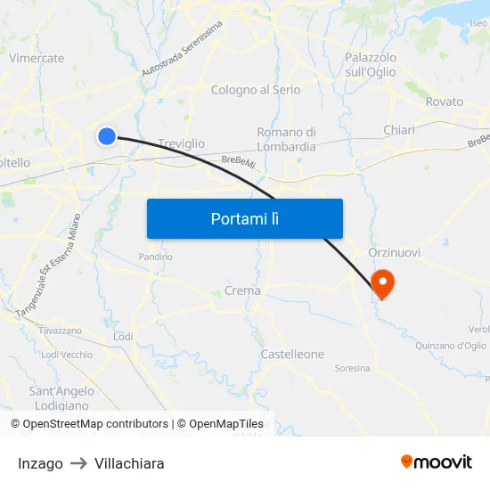 Inzago to Villachiara map