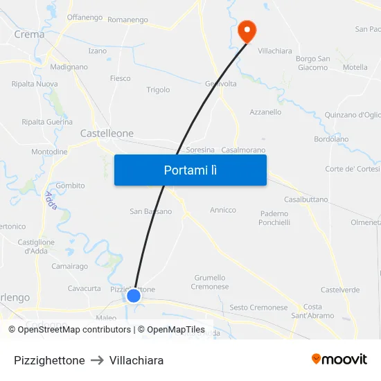 Pizzighettone to Villachiara map