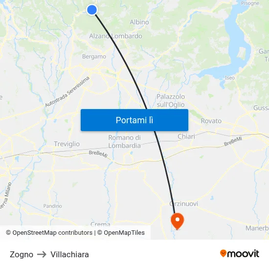 Zogno to Villachiara map
