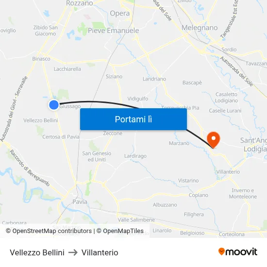 Vellezzo Bellini to Villanterio map