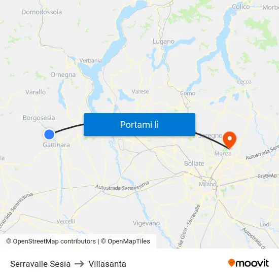 Serravalle Sesia to Villasanta map