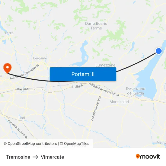 Tremosine to Vimercate map