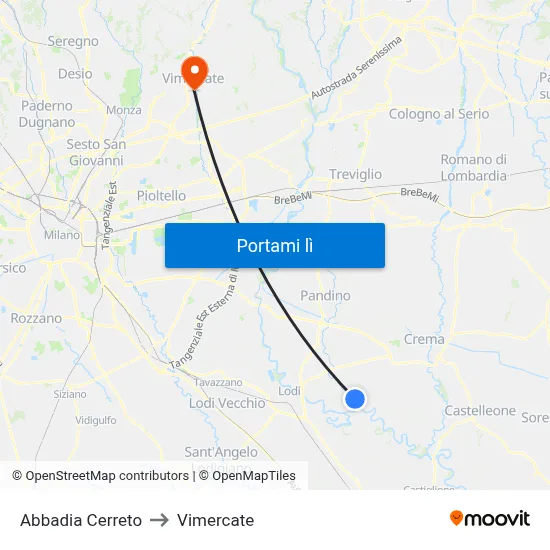Abbadia Cerreto to Vimercate map