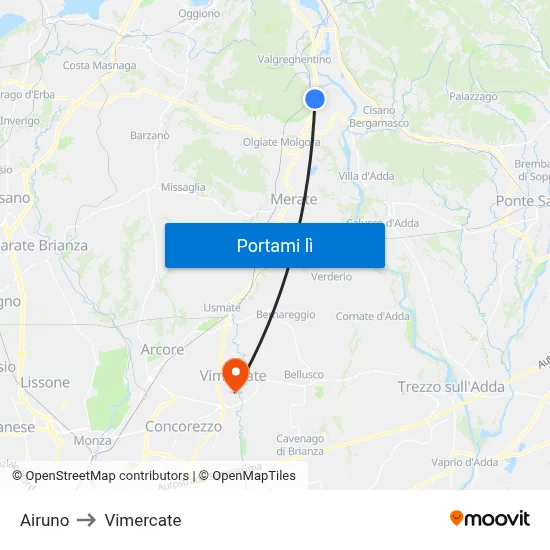 Airuno to Vimercate map