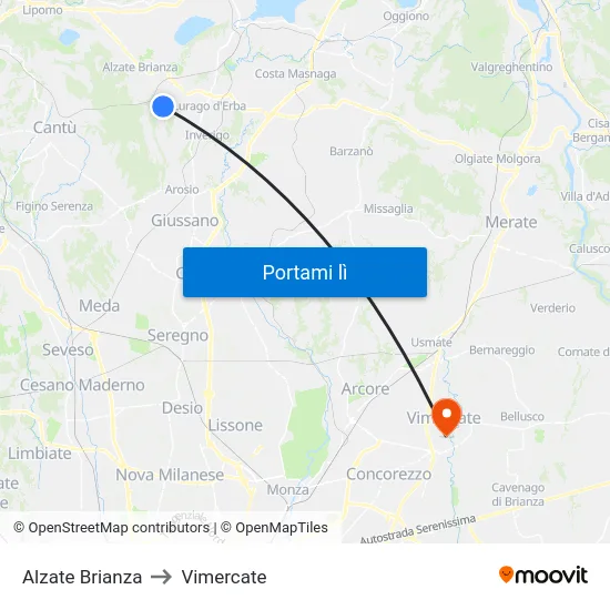 Alzate Brianza to Vimercate map