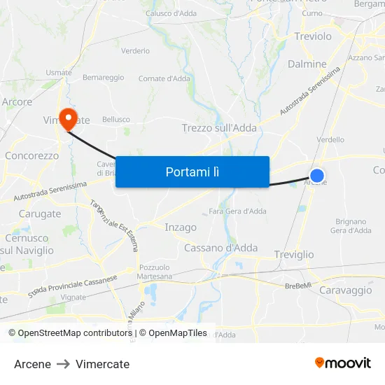 Arcene to Vimercate map