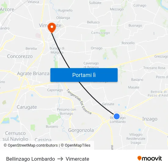 Bellinzago Lombardo to Vimercate map