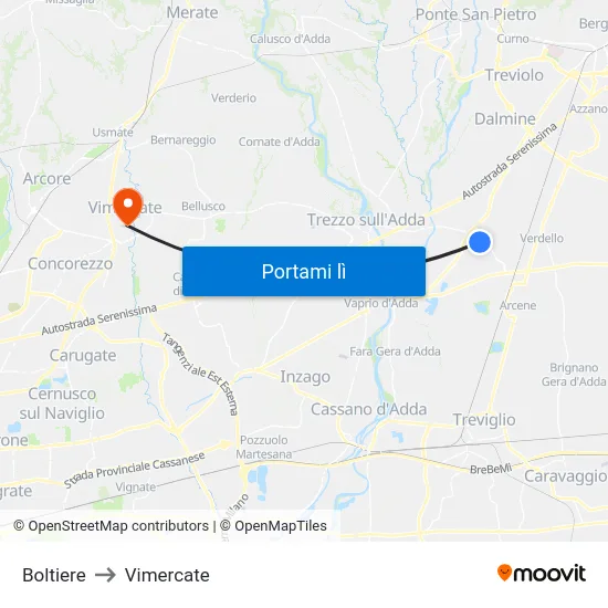 Boltiere to Vimercate map