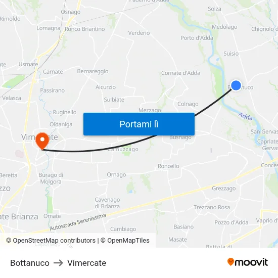 Bottanuco to Vimercate map