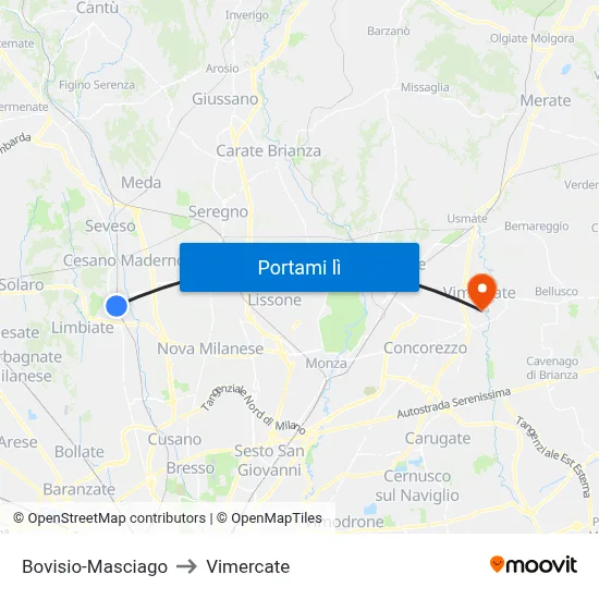 Bovisio-Masciago to Vimercate map