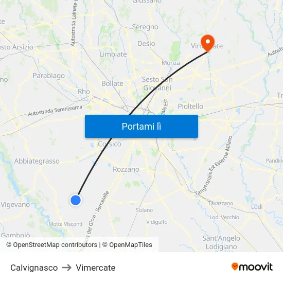 Calvignasco to Vimercate map