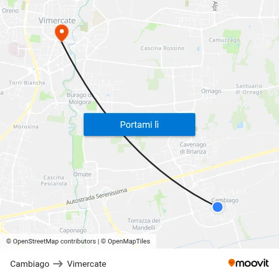 Cambiago to Vimercate map