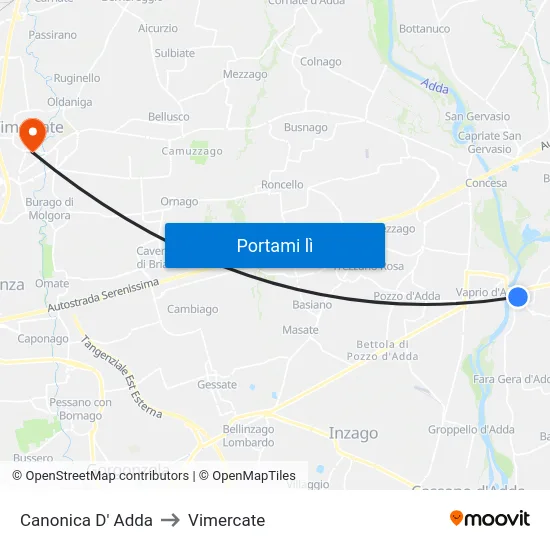 Canonica D' Adda to Vimercate map