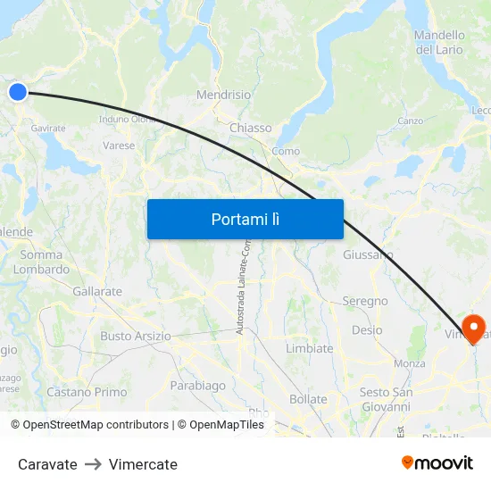 Caravate to Vimercate map