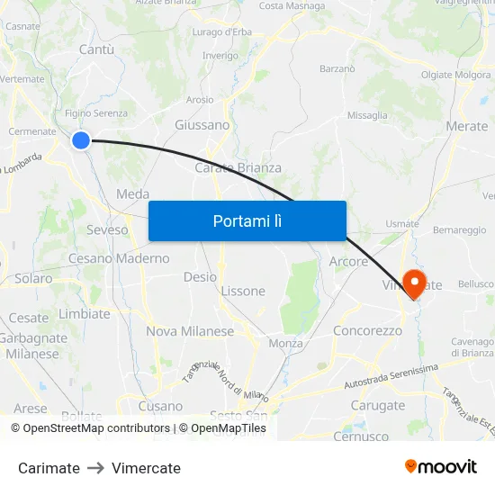 Carimate to Vimercate map