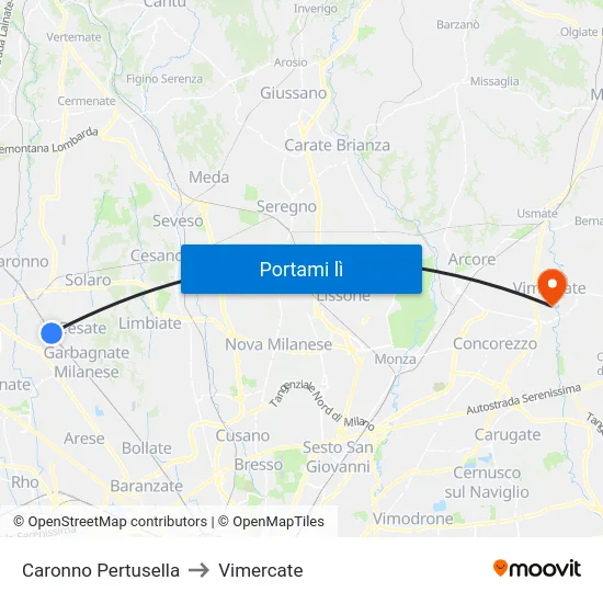 Caronno Pertusella to Vimercate map