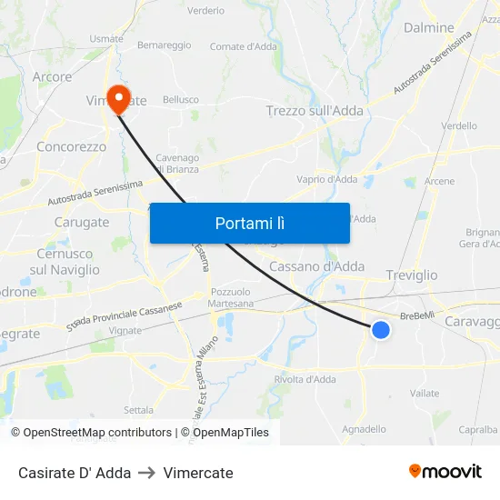 Casirate D' Adda to Vimercate map