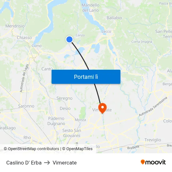 Caslino D' Erba to Vimercate map
