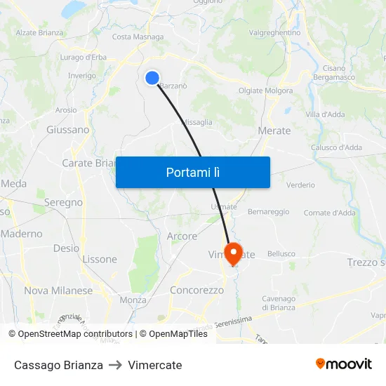 Cassago Brianza to Vimercate map