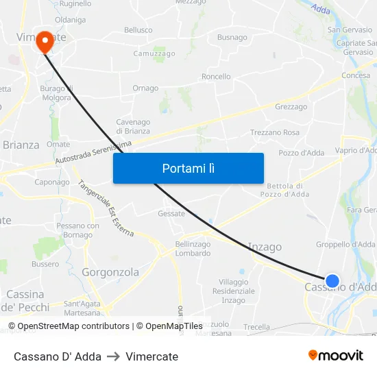 Cassano D' Adda to Vimercate map