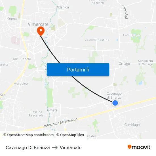 Cavenago Di Brianza to Vimercate map