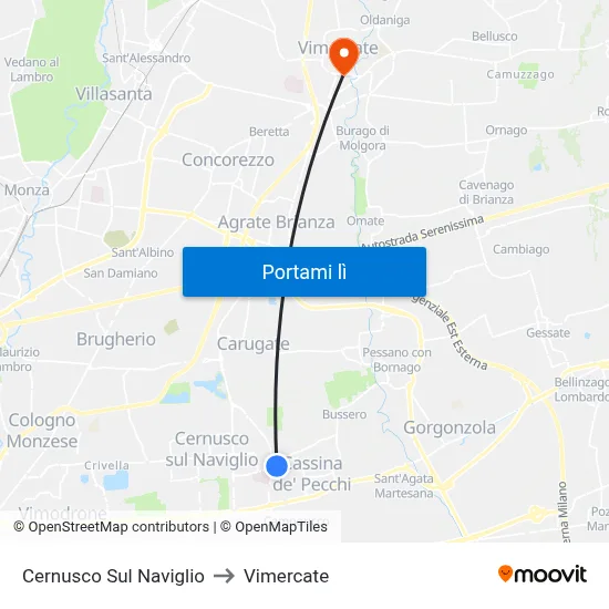 Cernusco Sul Naviglio to Vimercate map