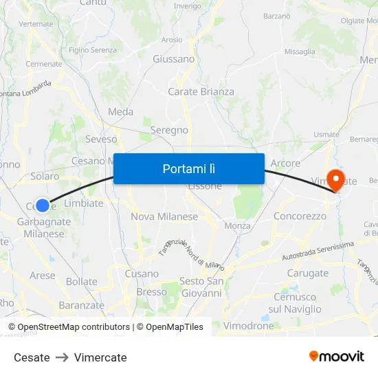 Cesate to Vimercate map