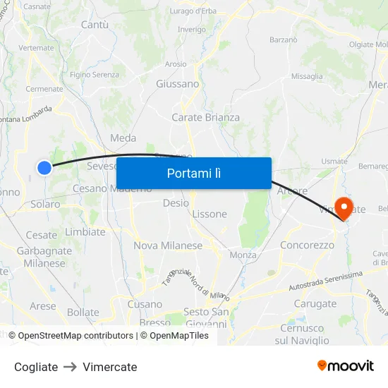 Cogliate to Vimercate map