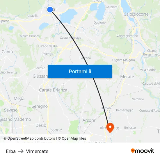 Erba to Vimercate map