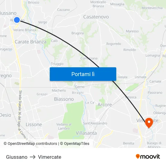 Giussano to Vimercate map