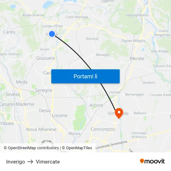 Inverigo to Vimercate map
