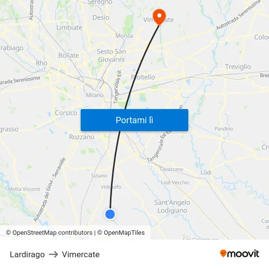 Lardirago to Vimercate map